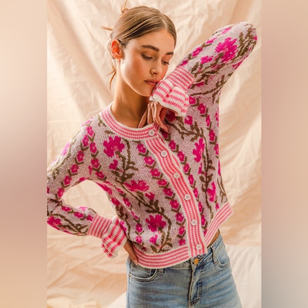 Pink Floral Intarsia Button Up Sweater Cardigan - Picture 10 of 16